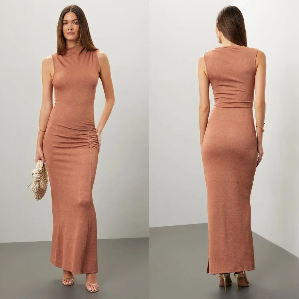 Suboo Vega Dress Sleeveless Rouched Front Maxi Bodycon Cocktail Brown Small